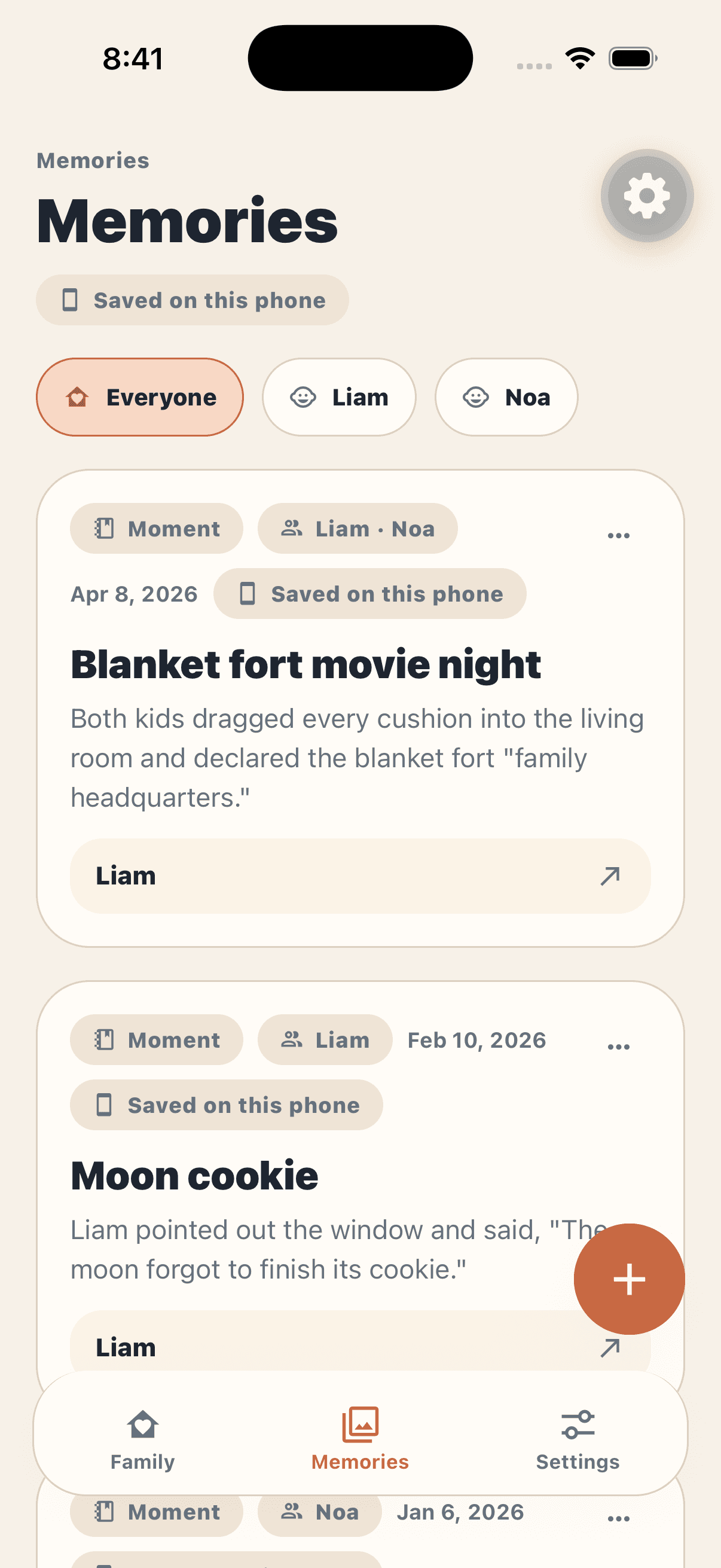 YouRememberWhen memories screen showing private family memory cards.